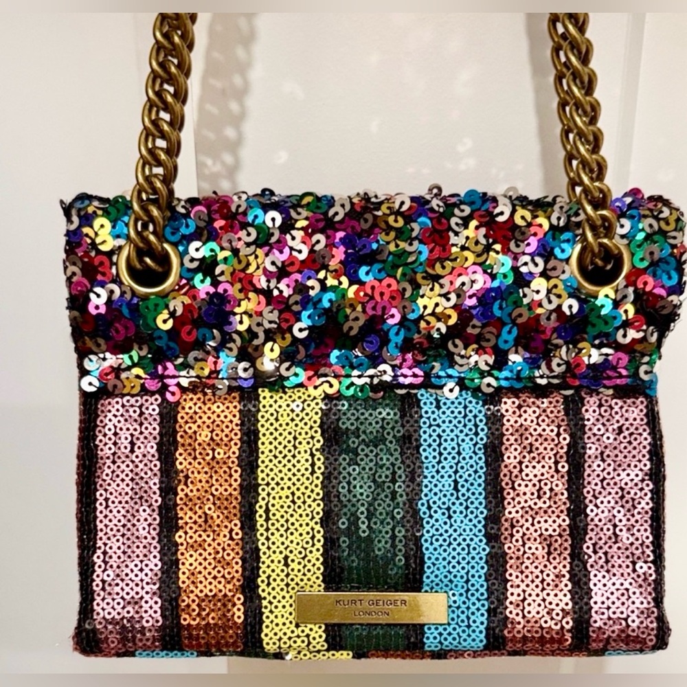 NWOT Kurt Geiger Rainbow Sequin Chain Shoulder Bag – Statement Piece